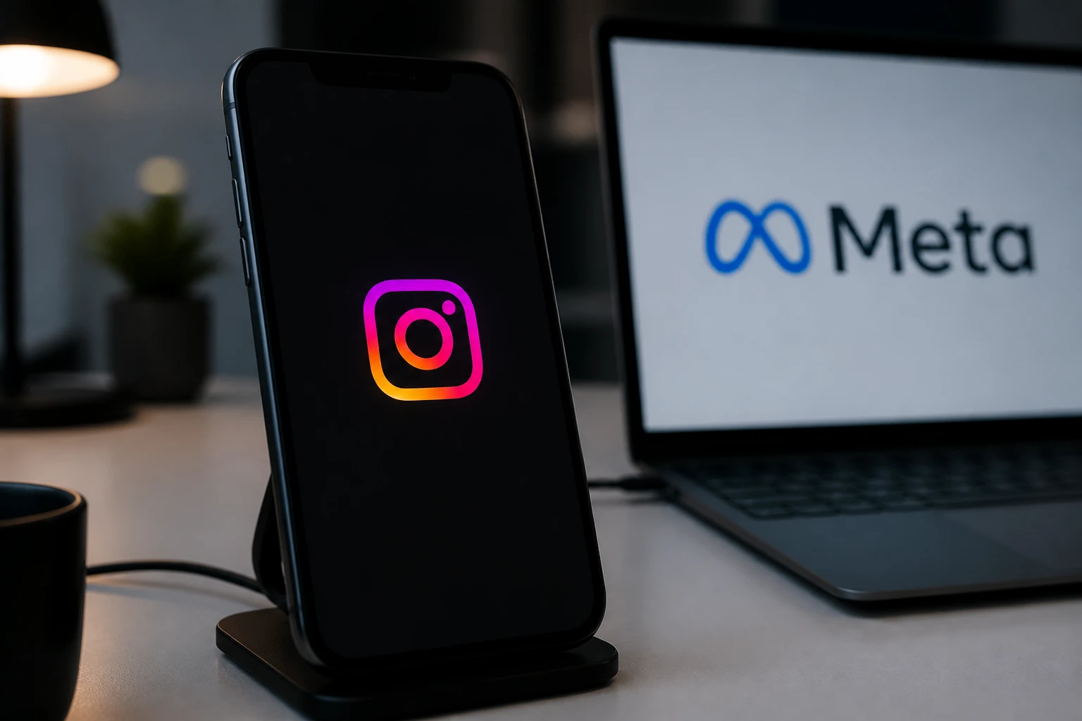 Smartphone affichant le logo Instagram avec le logo Meta visible en arrière-plan sur un écran d'ordinateur portable
