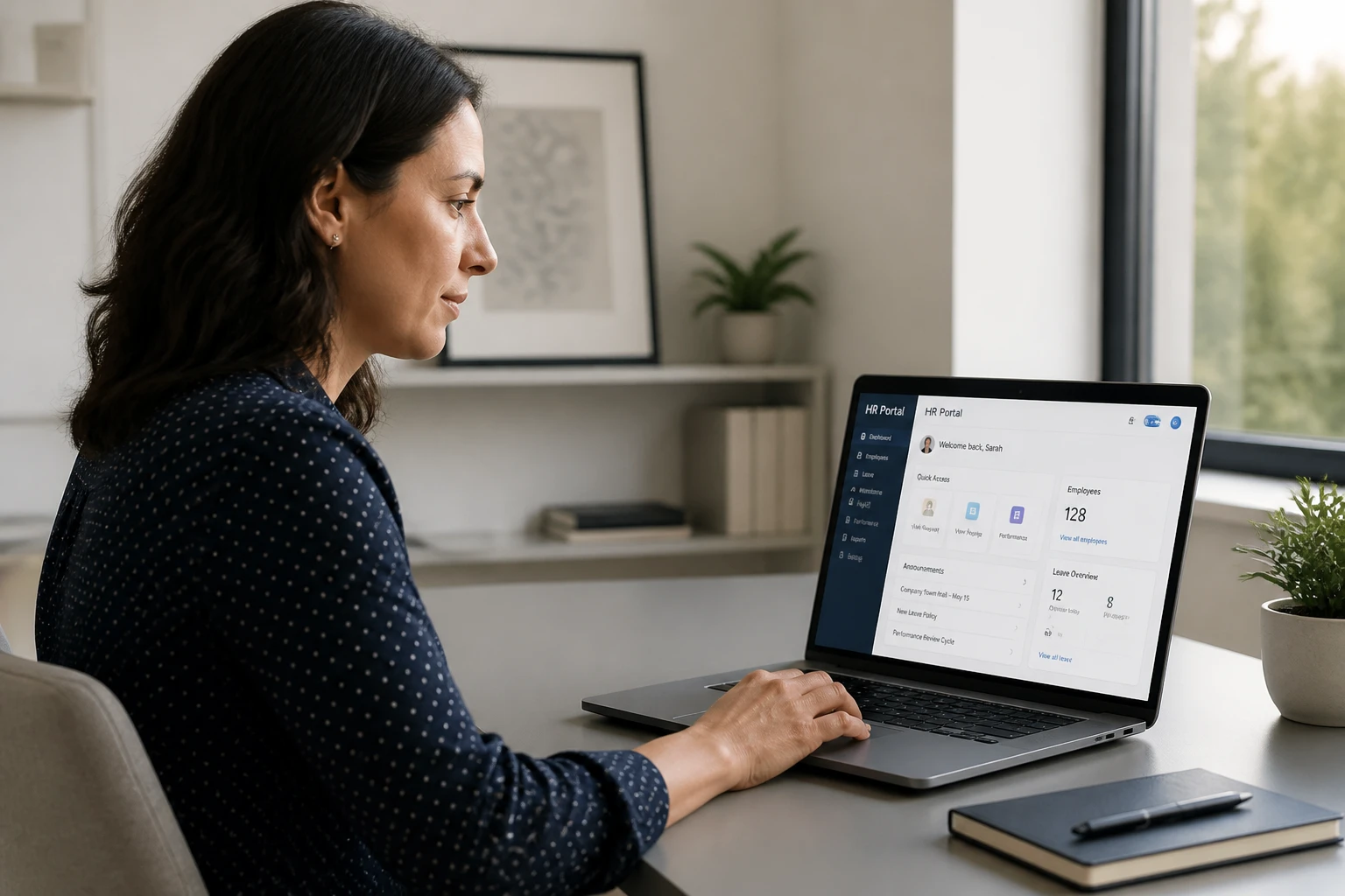 Femme connectée à un portail RH en ligne sur ordinateur portable dans un bureau moderne