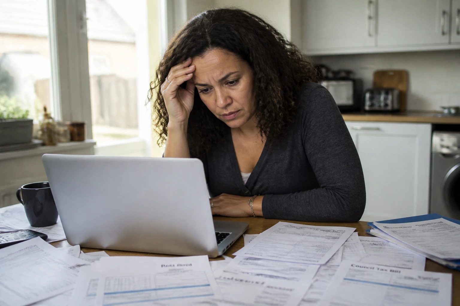 Femme en arrêt maladie consultant des documents administratifs après le dépôt de bilan de son employeur