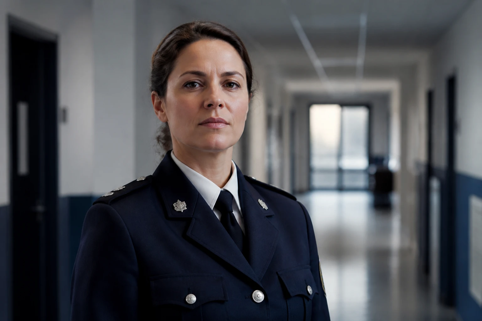 Officier de police en uniforme dans un commissariat français, regard professionnel et assuré