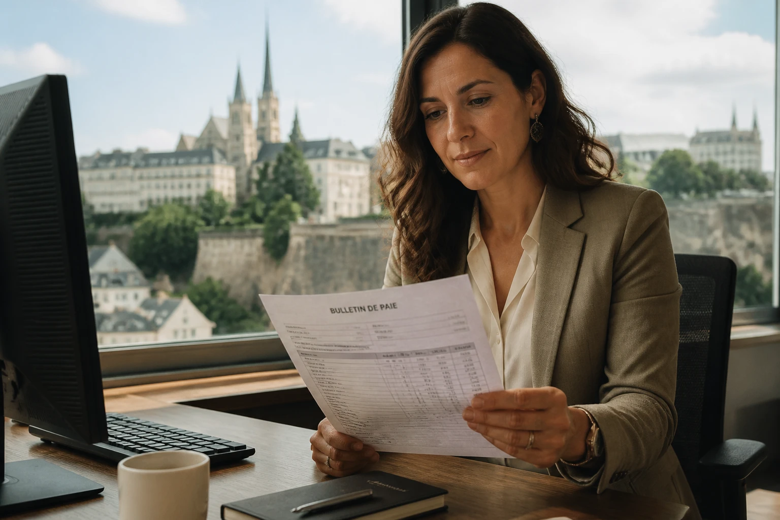 Femme consultant une fiche de paie luxembourgeoise dans un bureau moderne, vue sur la ville de Luxembourg