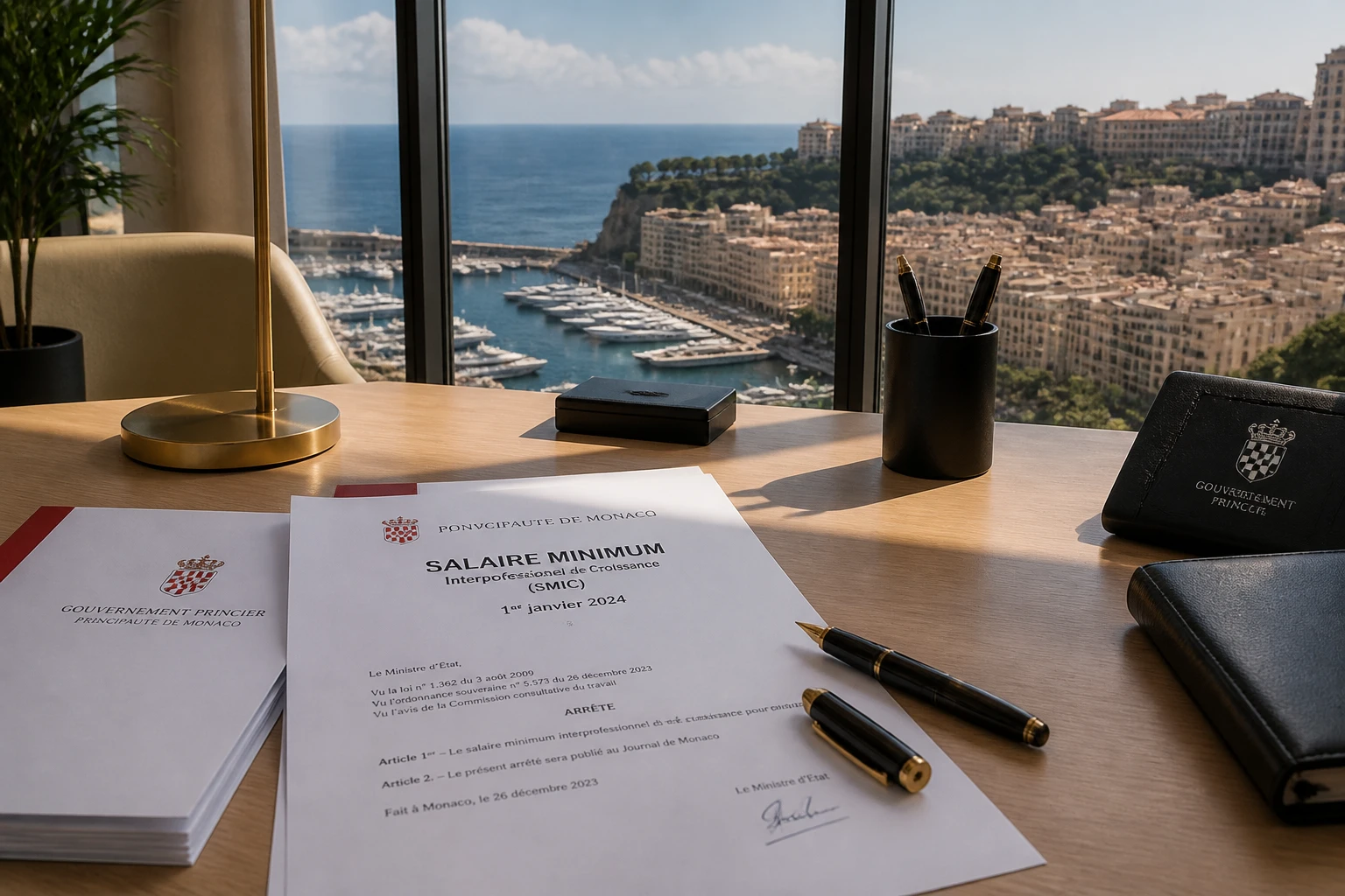 Documents officiels du SMIC monégasque sur un bureau avec vue sur Monaco en arrière-plan