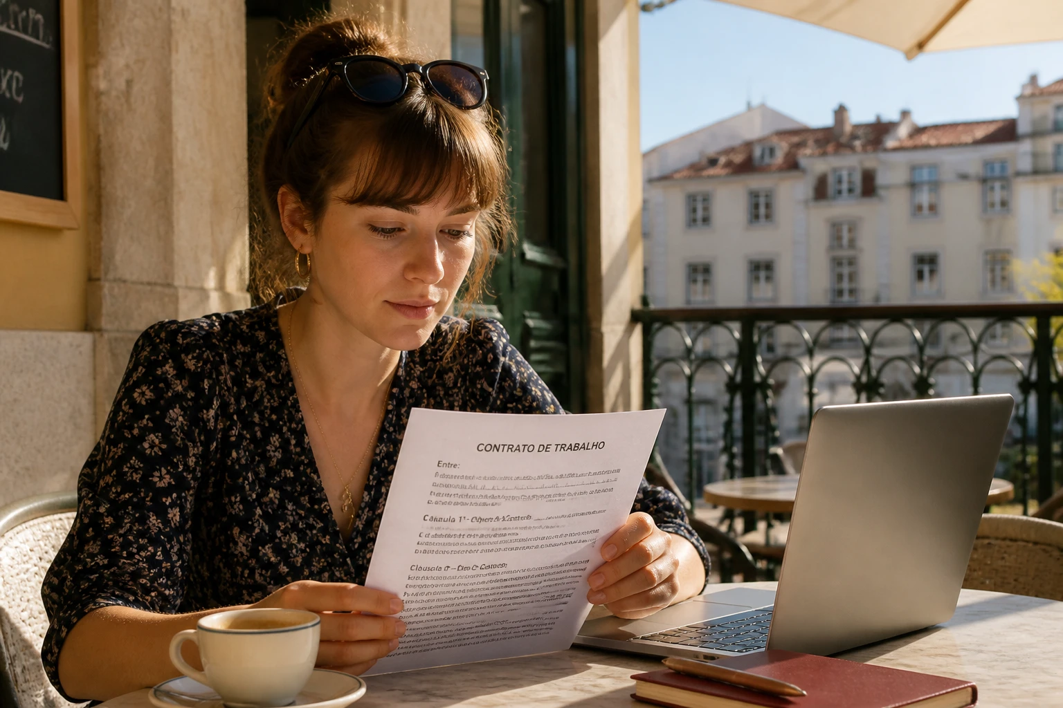 Femme consultant un contrat de travail portugais dans un café de Lisbonne au soleil
