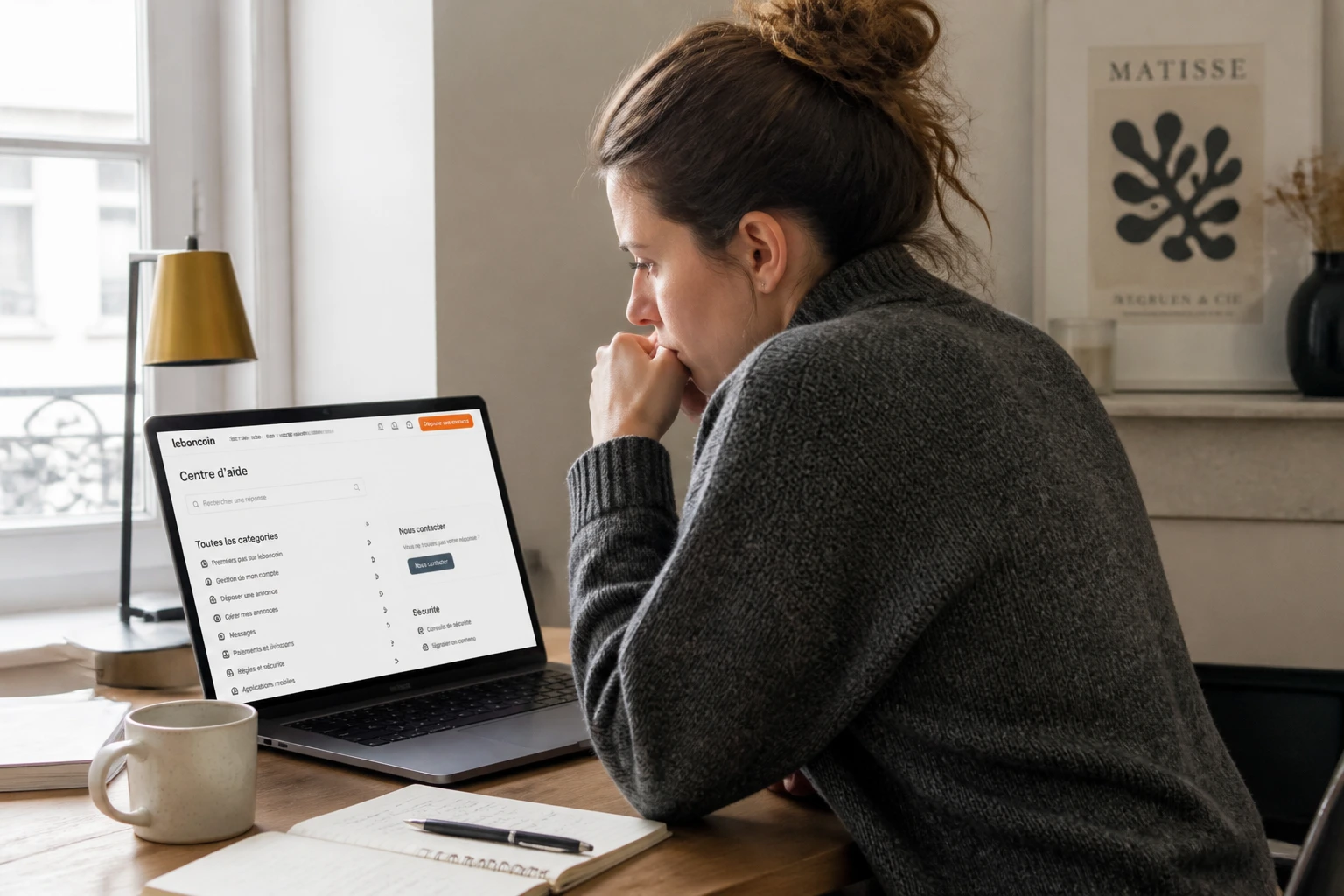 Personne consultant le centre d'aide d'un site de petites annonces sur ordinateur portable