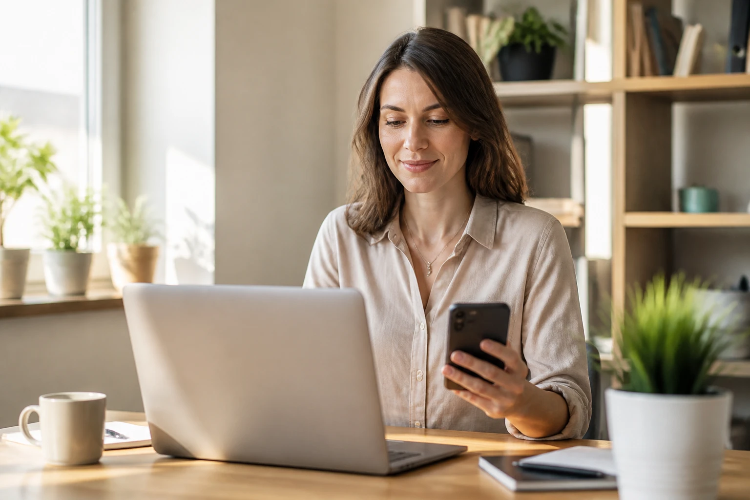 Femme consultant son espace bancaire Cybermut sur smartphone dans un bureau lumineux