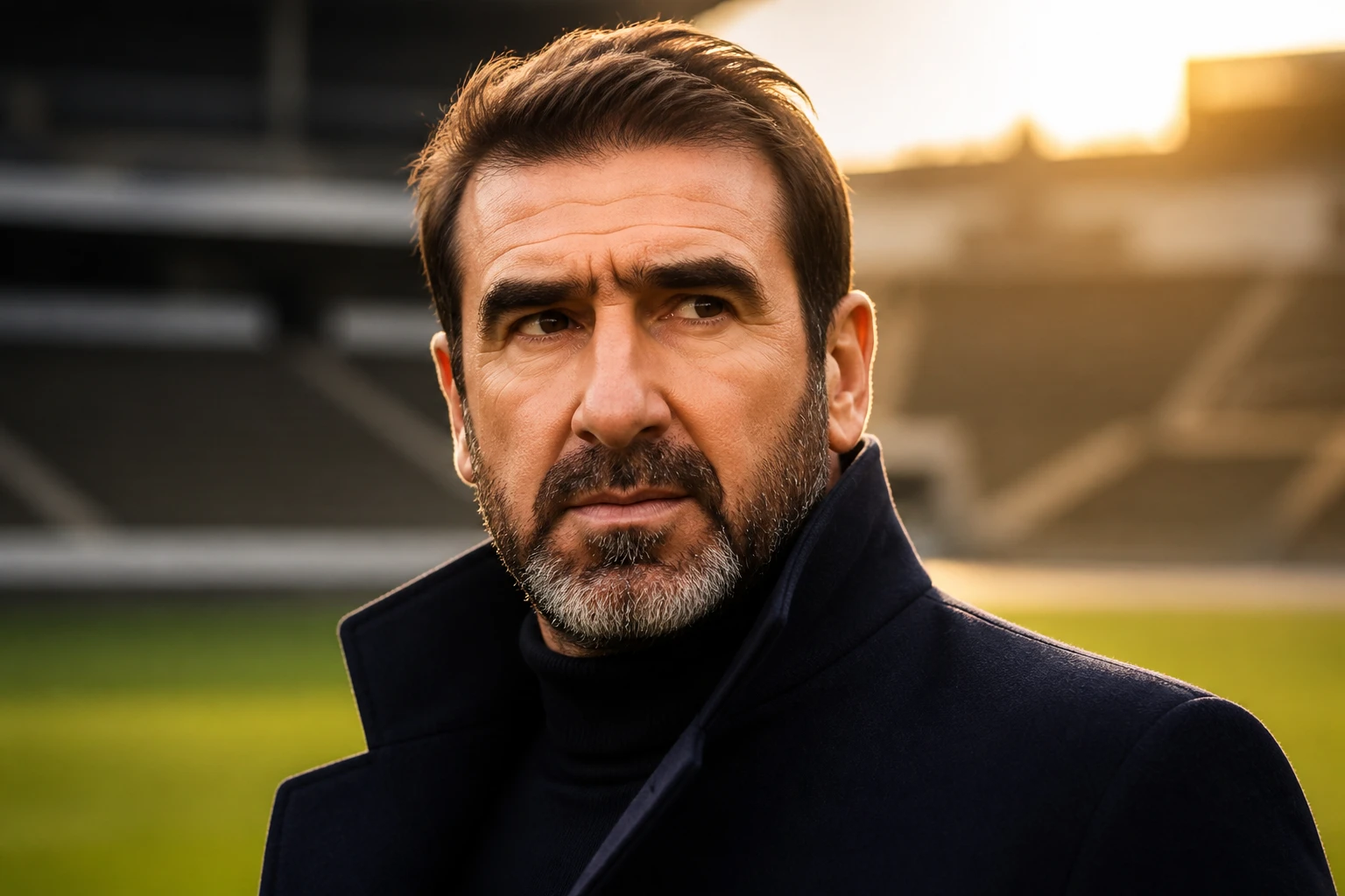 Portrait d'Éric Cantona en veste sombre devant un stade, lumière chaude et élégante