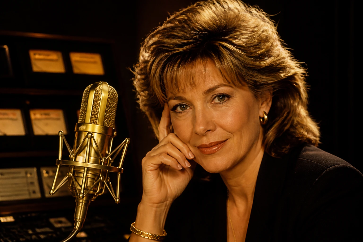 Studio de radio vintage années 1980 avec microphone doré, ambiance nostalgie variété française