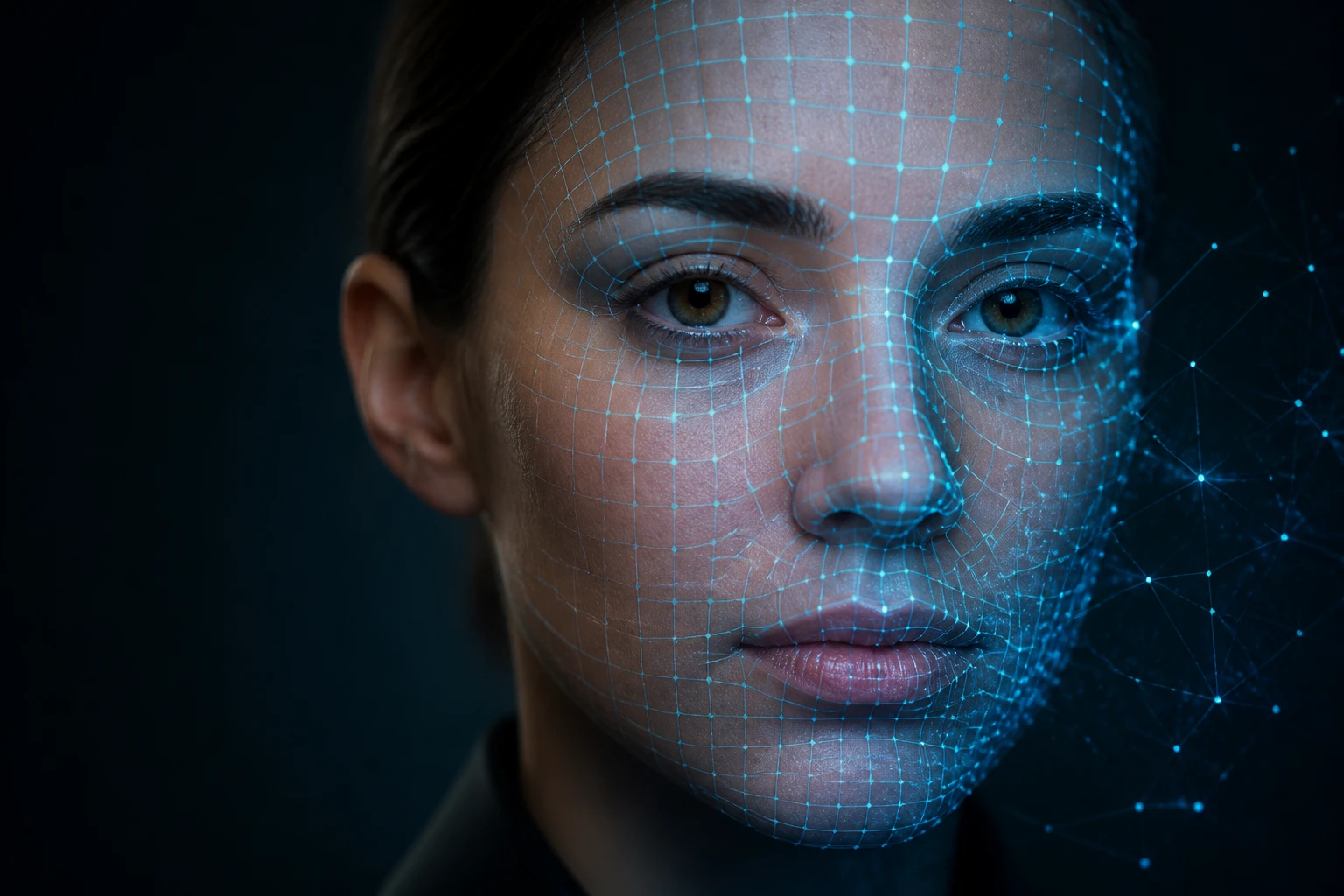 Interface de reconnaissance faciale affichant un quadrillage bleu sur un visage, fond sombre technologique
