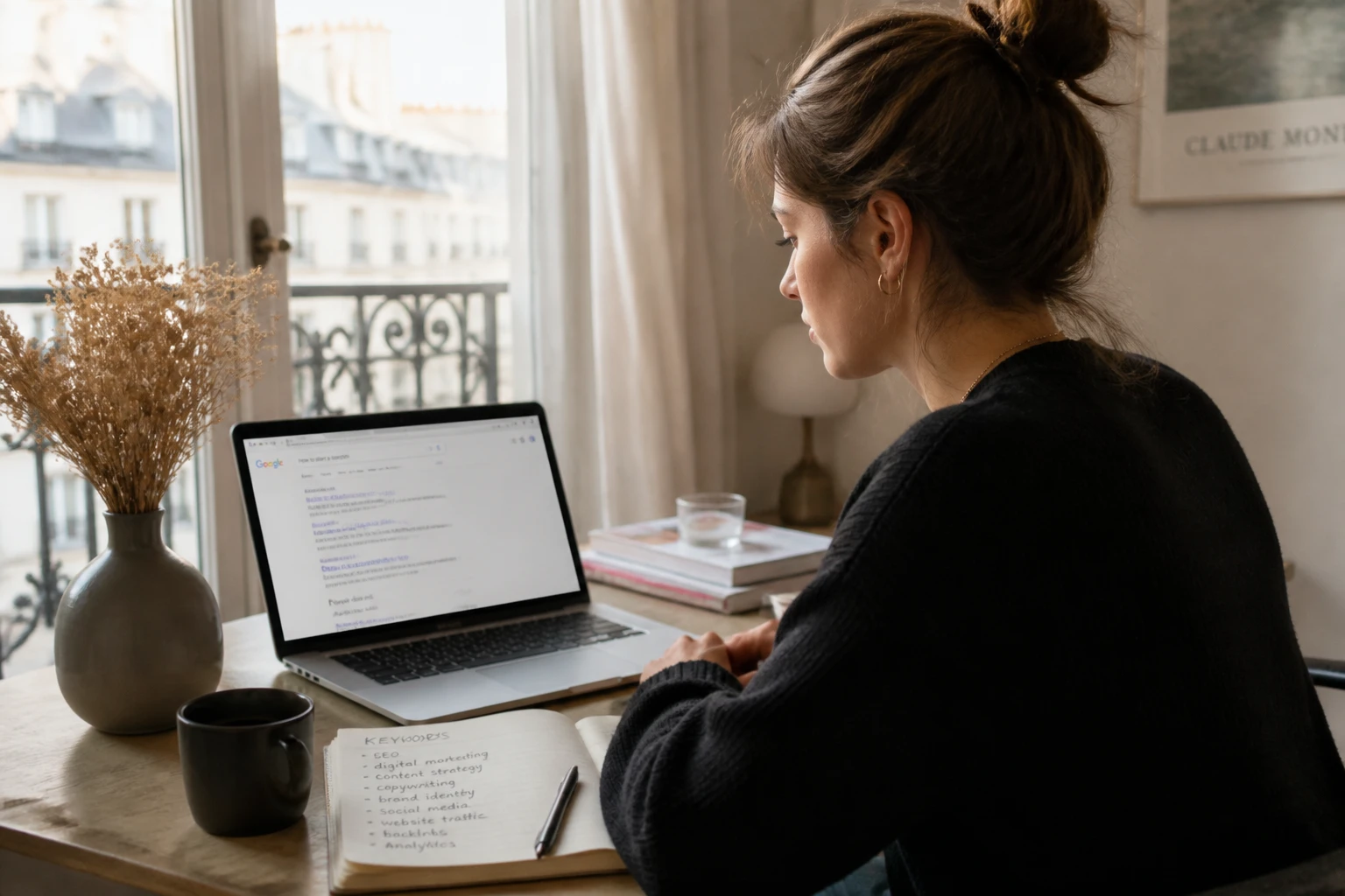 Femme analysant des résultats de recherche sur un laptop avec des notes de mots-clés sur un carnet