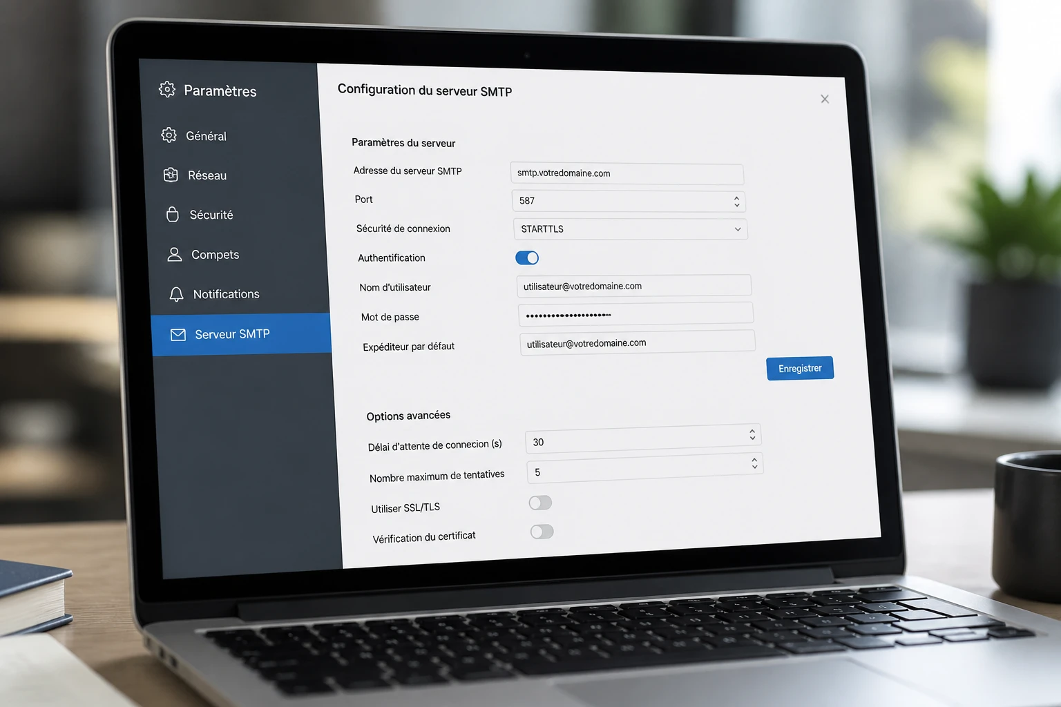 Écran d'ordinateur affichant une interface de configuration de serveur SMTP dans un bureau moderne