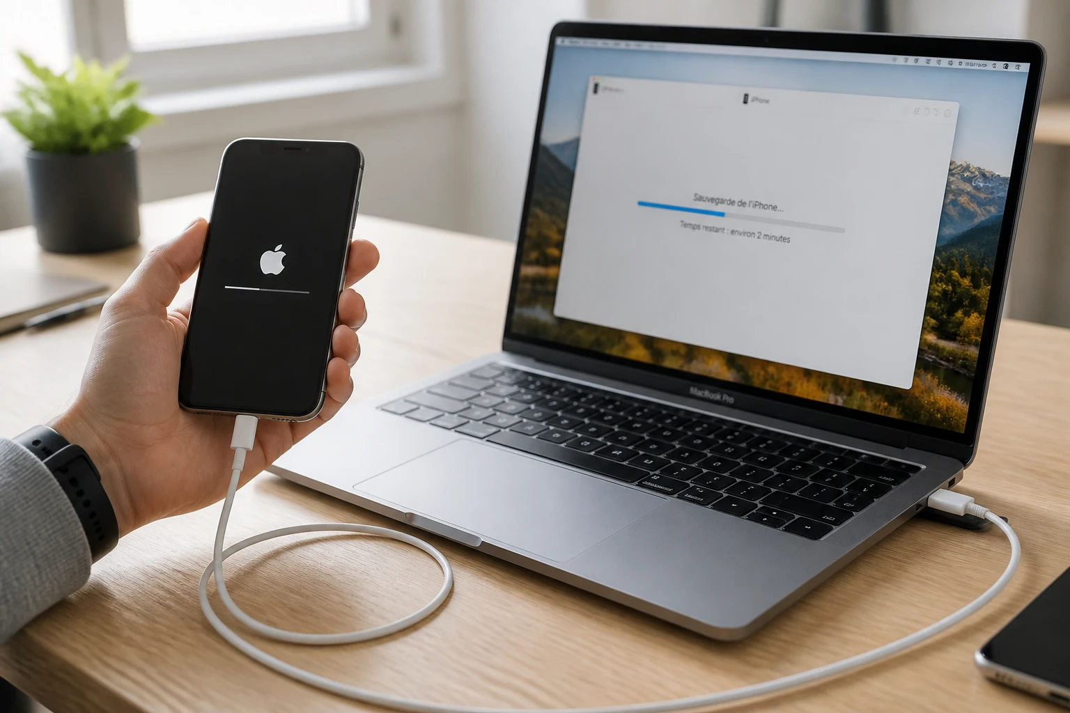 iPhone connecté à un MacBook pendant une sauvegarde locale via câble USB-C