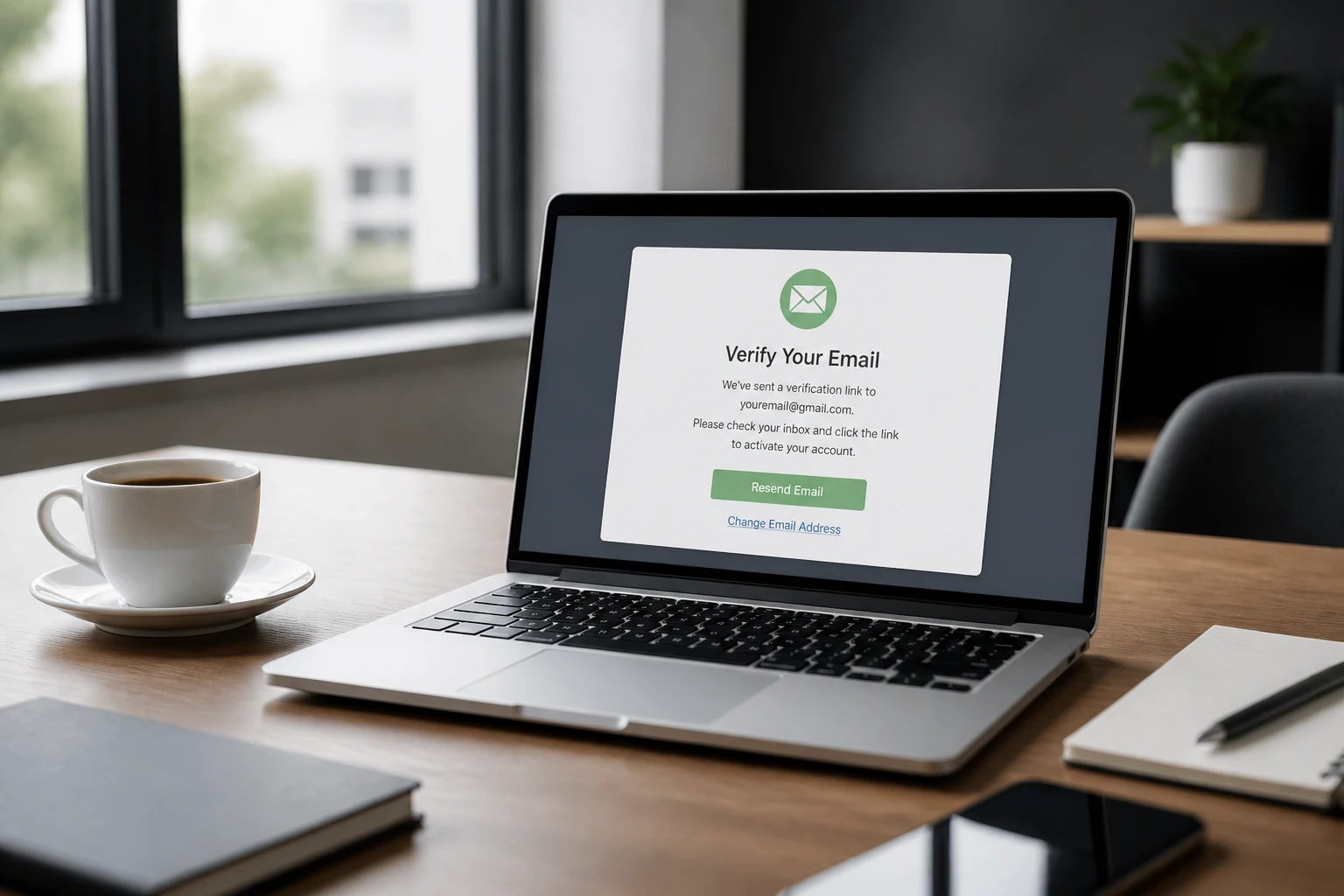 Ordinateur portable affichant un outil de vérification d'adresse email sur un bureau