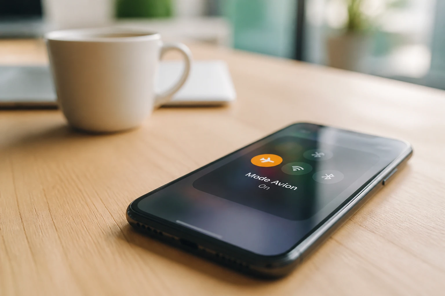 Smartphone en mode avion posé sur une table, illustrant la coupure des ondes radio