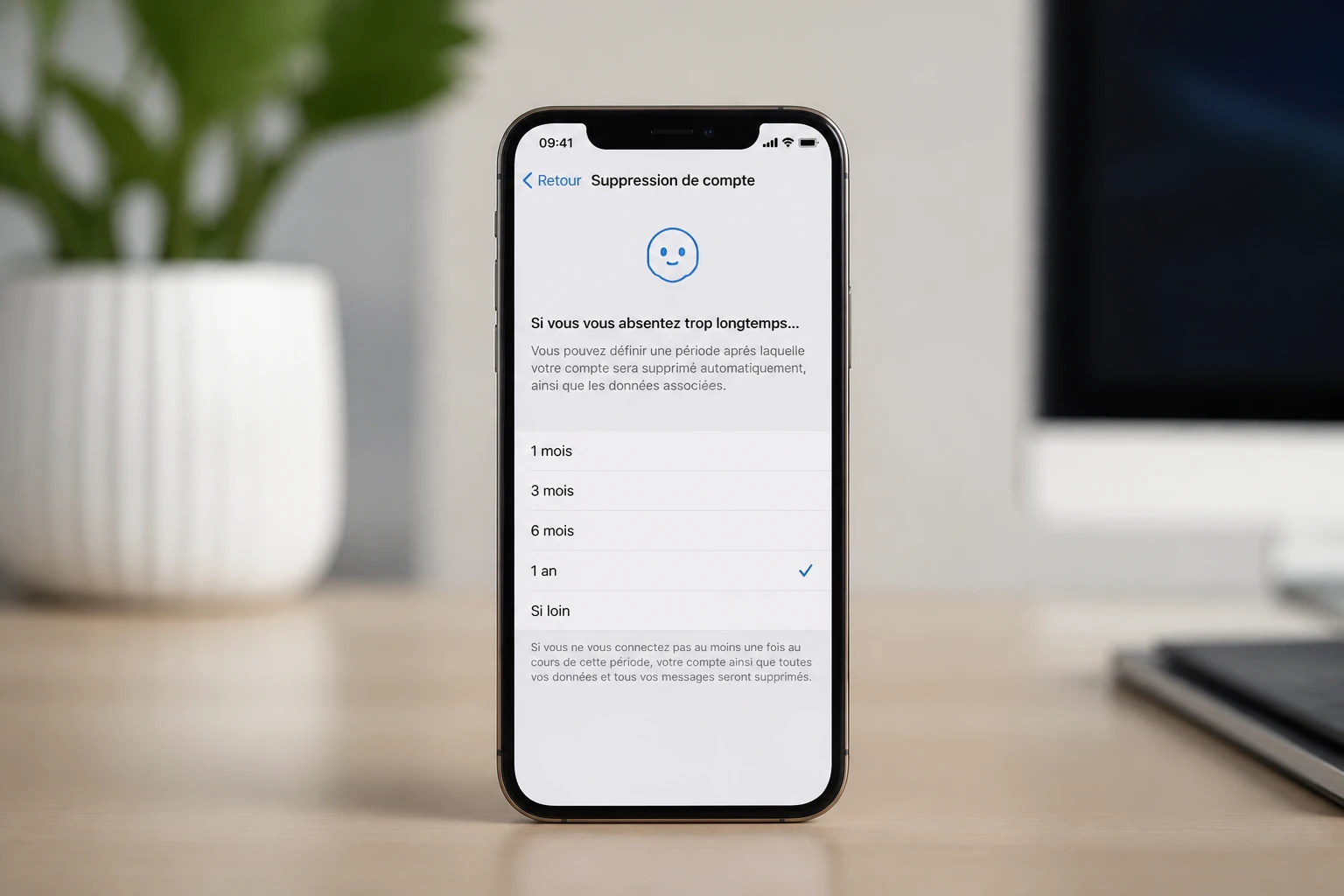 Écran de smartphone affichant les paramètres de suppression de compte Telegram sur fond épuré