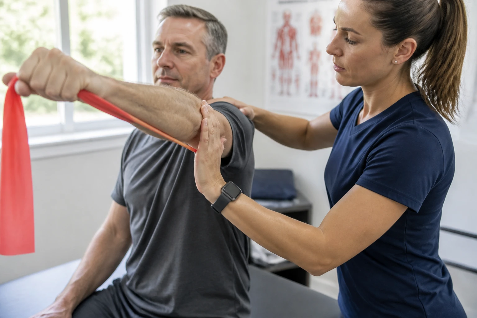 Kinésithérapeute guidant un patient en rééducation de l'épaule avec un élastique de résistance en cabinet de soin