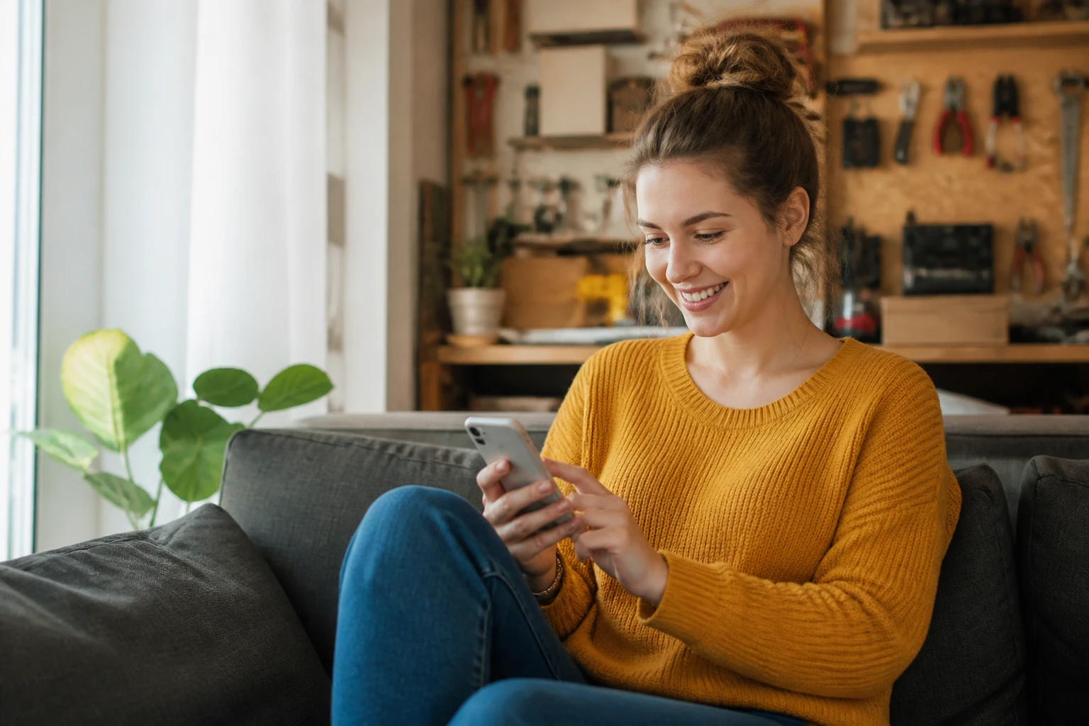 Femme utilisant une application de jobbing sur smartphone dans un salon lumineux