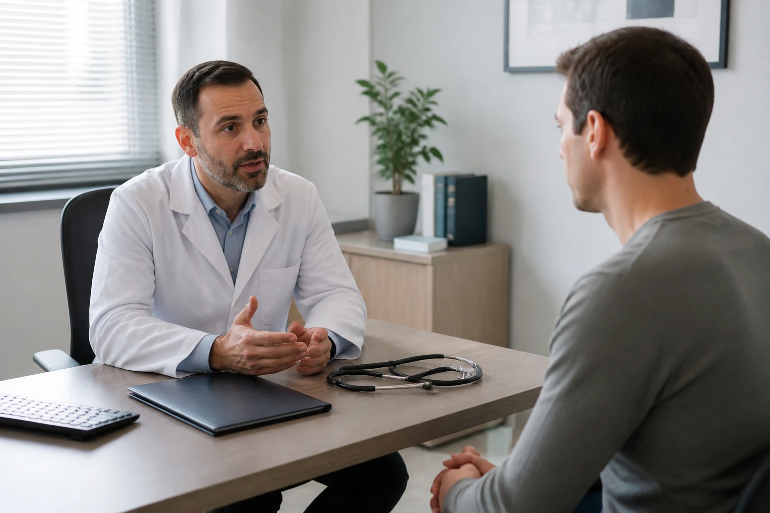 Consultation entre un médecin du travail et un salarié dans un bureau lumineux