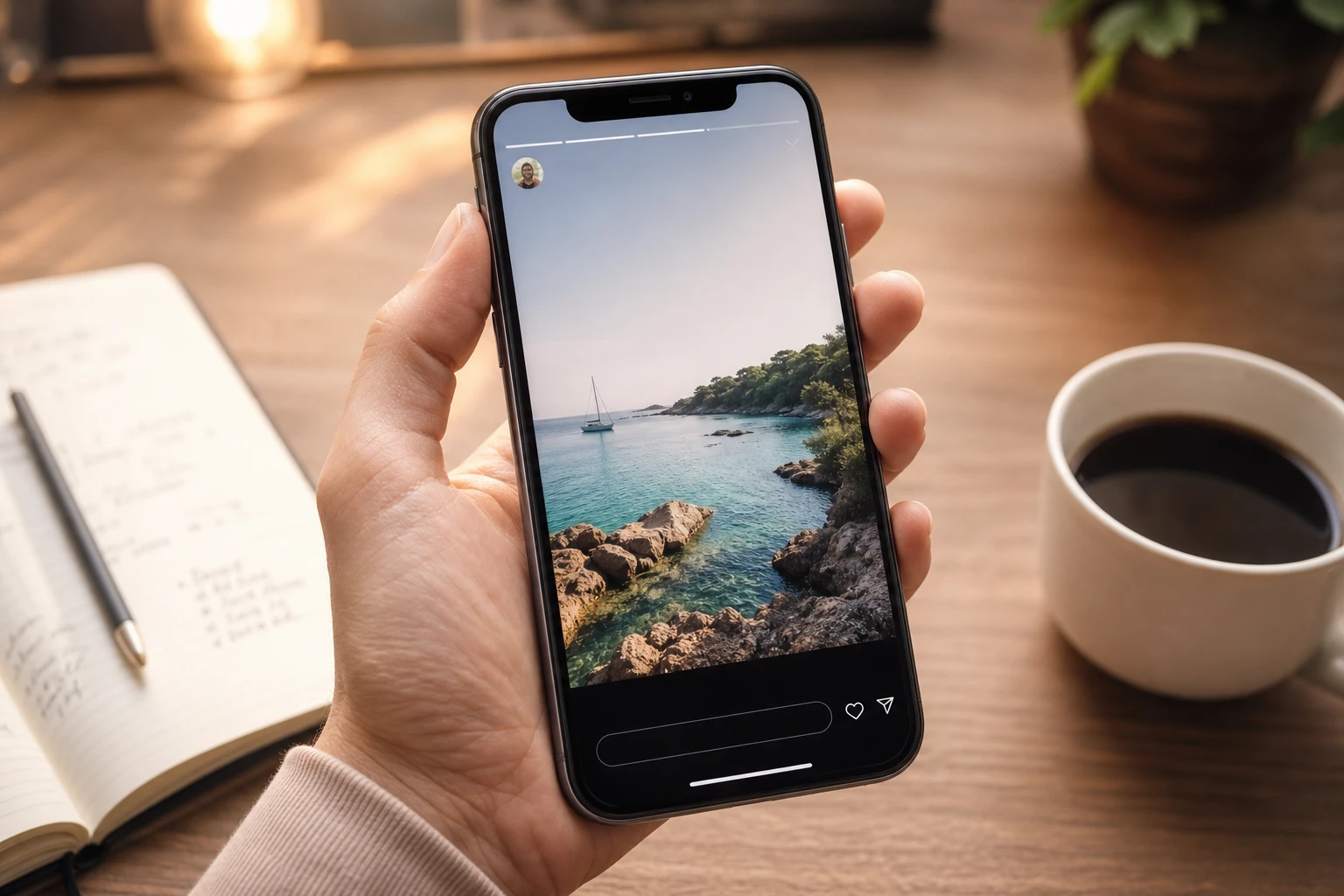 Smartphone affichant une story Instagram en cours de visionnage sur un bureau