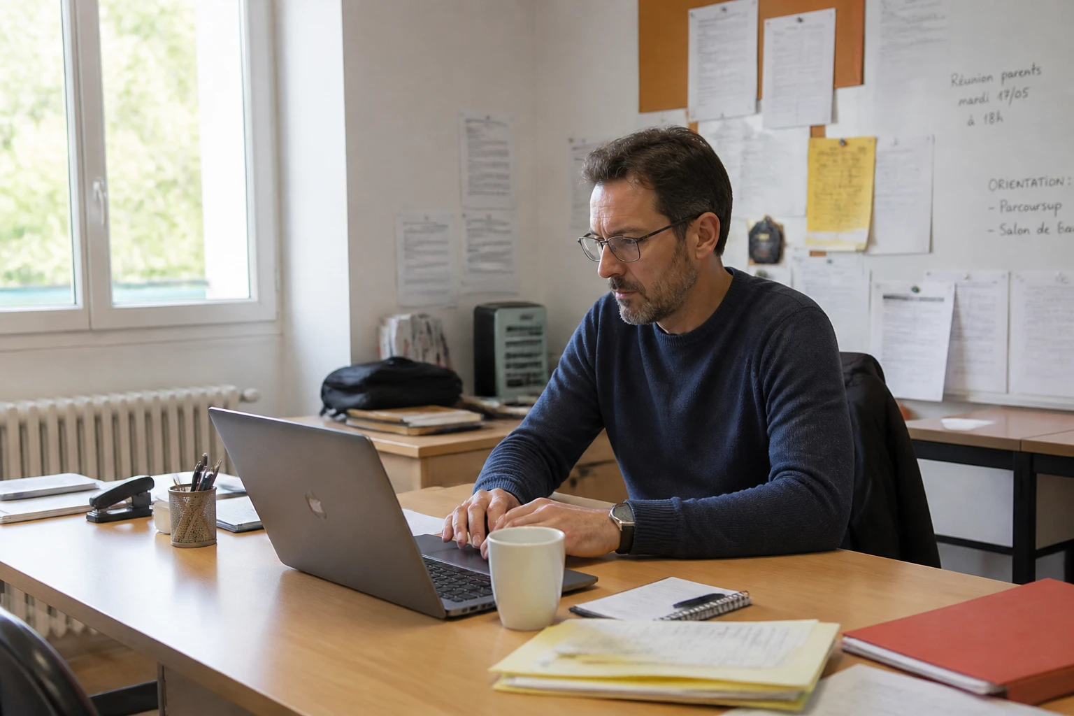 Enseignant consultant le webmail de l'académie d'Aix-Marseille sur son ordinateur portable dans une salle des professeurs