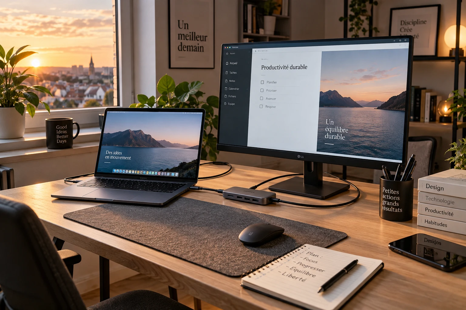 PC portable branché à un écran externe via un hub USB-C sur un bureau de télétravail