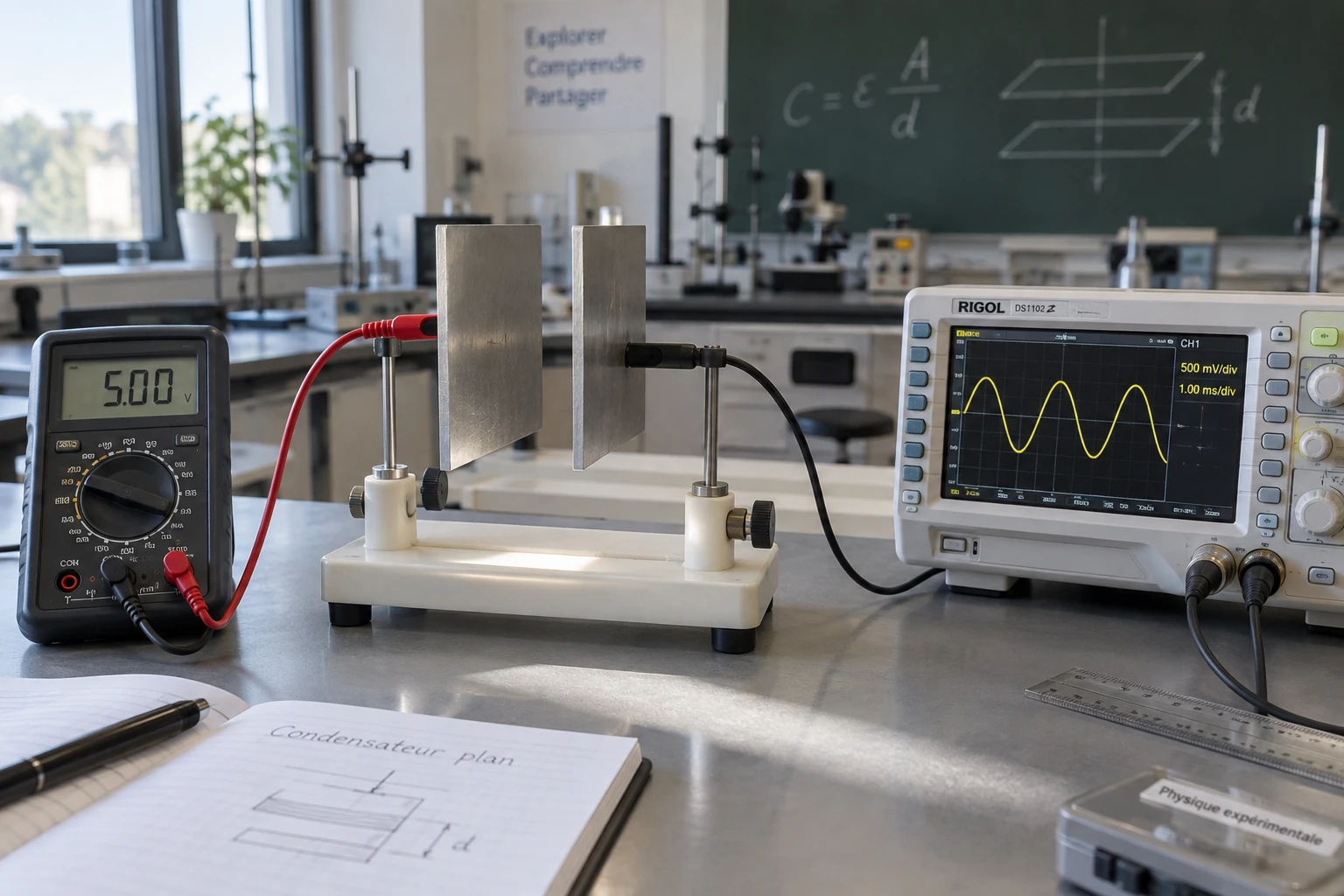 Condensateur plan et voltmètre sur une paillasse de laboratoire de physique