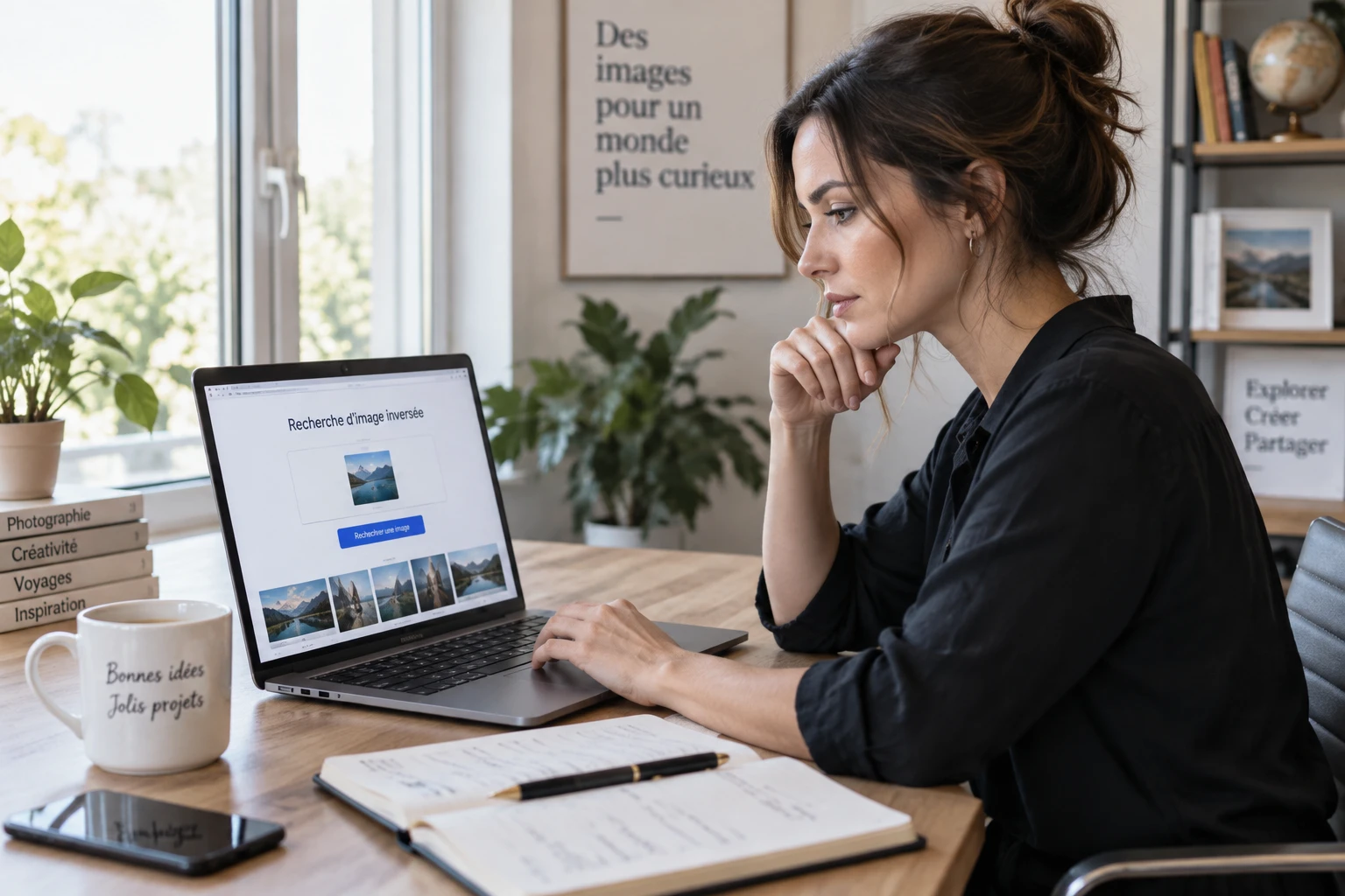 Femme vérifiant la licence d'une image sur son ordinateur portable à son bureau