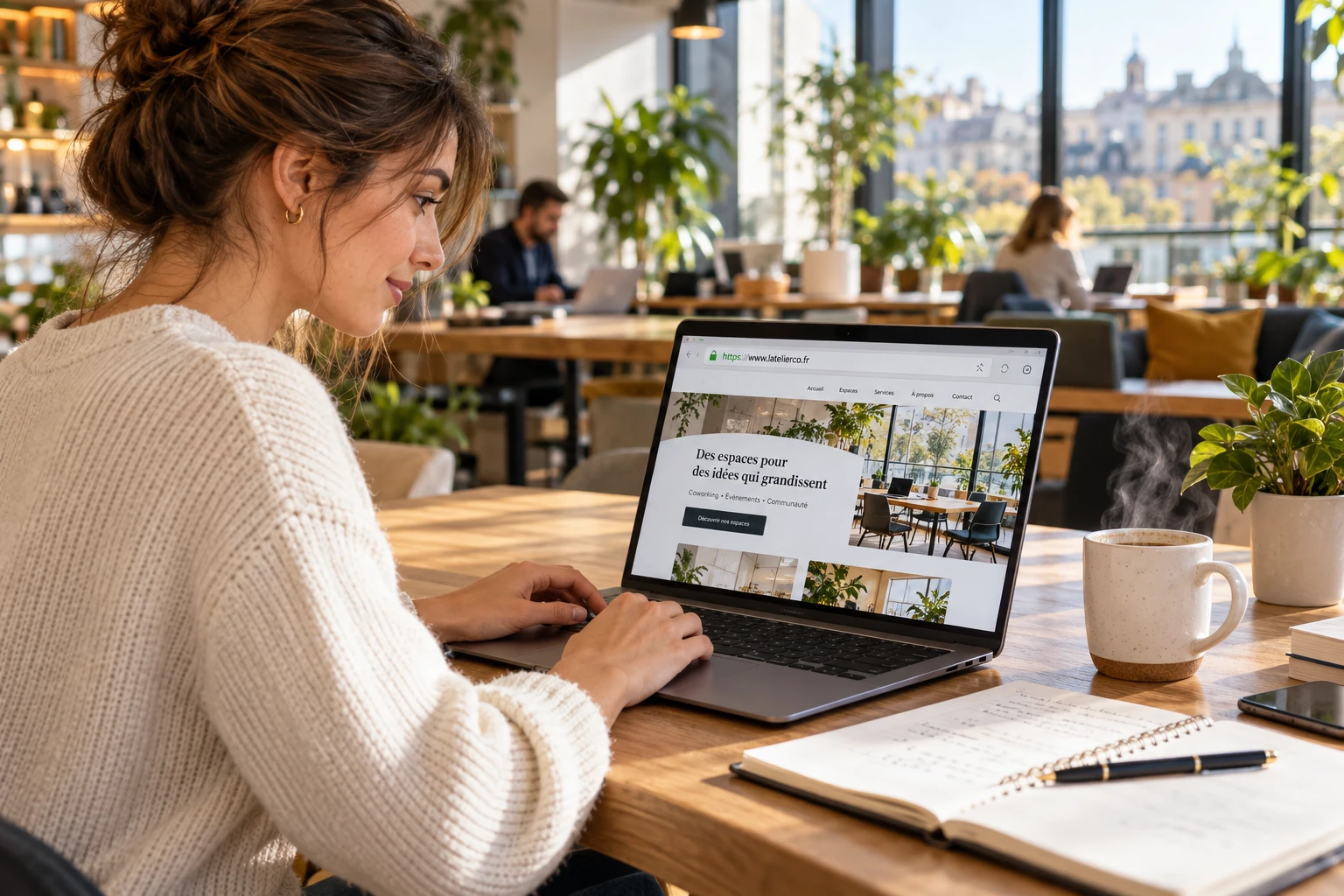 Femme entrepreneure vérifiant la mise en ligne de son site web sur un ordinateur portable dans un espace de coworking