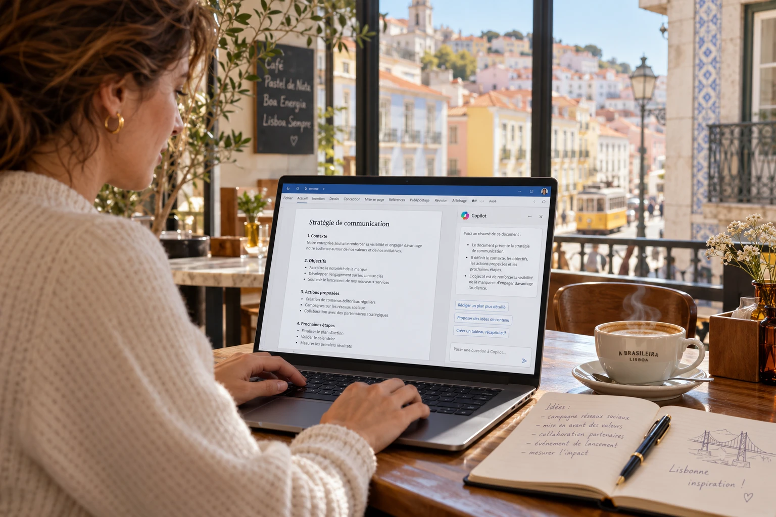 Femme suivant une formation Copilot sur son ordinateur portable dans un café lumineux