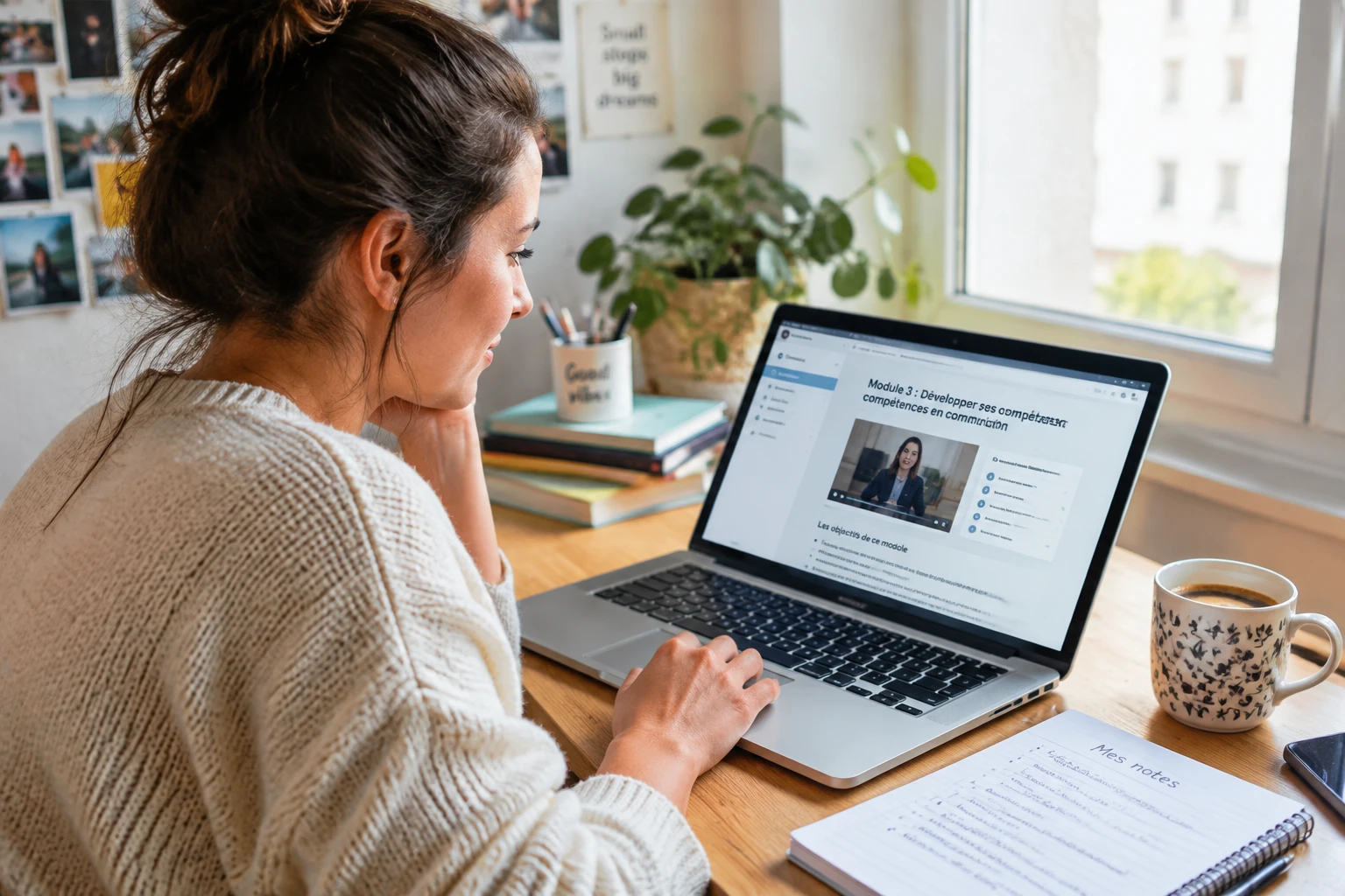 Femme consultant une formation en intelligence artificielle sur son ordinateur portable à son bureau